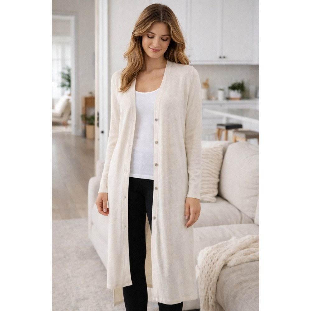 H by Halston Longline Cardigan Duster Lightweight Knit Cream SP NWT